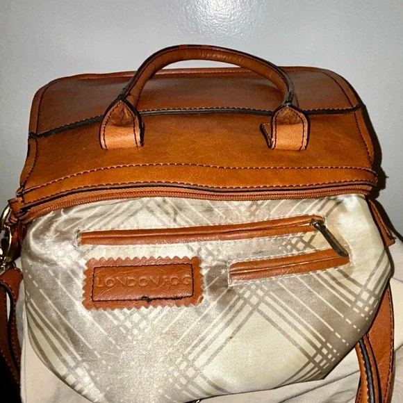 London Fog Tan Leather Tote with Gold Accents and crossbody strap. - Picture 9 of 10